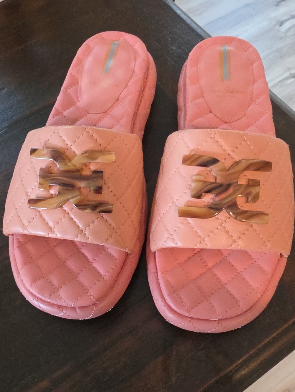 Sam Edelman Quilted Coral Slide Sandals with Tortoiseshell Accent